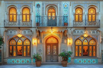 Obraz premium Ornate building with stained glass windows and intricate tile work.