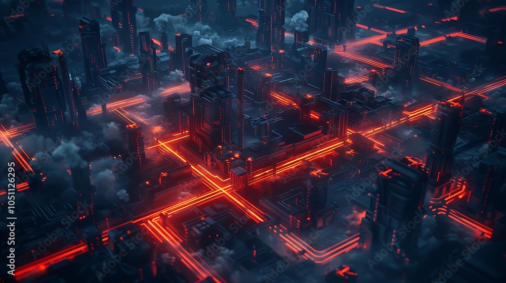 Poster Sprawling Futuristic Fuel Infrastructure Network with Glowing Pipelines and Robotic Monitoring