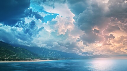 Collage of stormy skies with lightning and calm blue skies over beaches and mountains generative ai