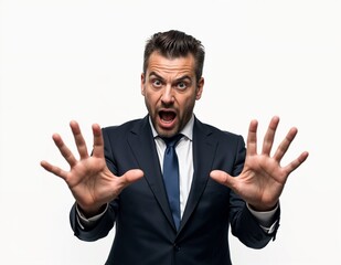 A professional man in a business suit with an intense and surprised expression, raising both hands in a defensive gesture as if to stop or avoid something. He has a serious and slightly alarmed look, 
