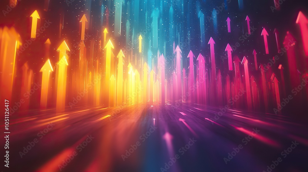 Poster colorful background with many arrows pointing upwards, representing the growth and success of busine