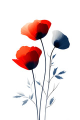 Elegant Floral Illustration with Red and Blue Poppy Flowers on white and transparent background. PNG