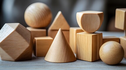 Wooden geometric forms on a soft background