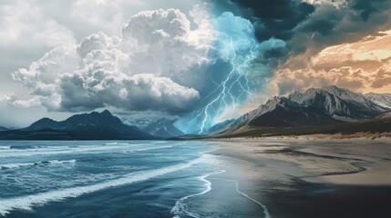 Collage of stormy skies with lightning and calm blue skies over beaches and mountains generative ai