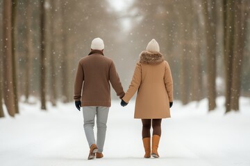 Couple Walking Through Snowy Forest.