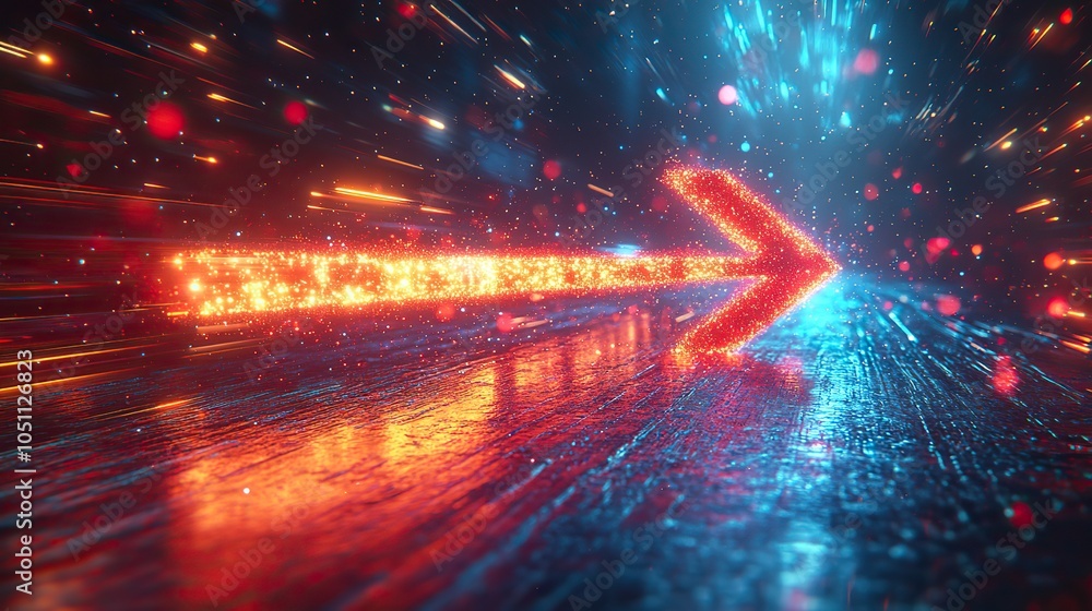 Poster colorful glowing arrow points right on black background, creating sense of speed and motion.image