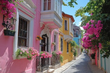 Obraz premium A colorful street lined with vibrant buildings, with bright pink flowers hanging from the balconies.