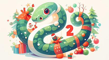 Green snake wearing Christmas hat, Chinese New Year