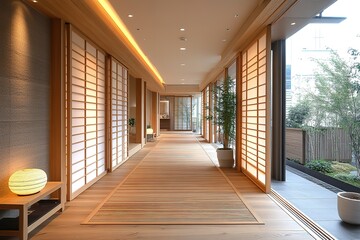 Obraz premium A long, narrow hallway with sliding doors and a wooden floor. The hallway is lit by natural light coming in from the windows.