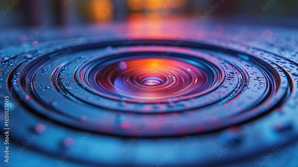 Poster color-toned image shows the diaphragm of camer lens aperture with selective focus, highlighting the 