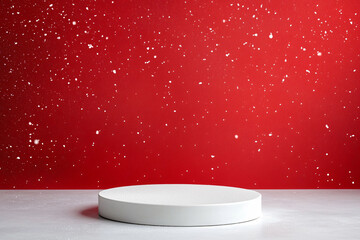 polished podium stands against deep red holiday backdrop, creating festive atmosphere