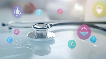 close-up image of a stethoscope resting on a clean white surface,
