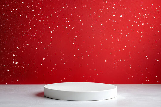 polished podium stands against deep red holiday backdrop, creating festive atmosphere