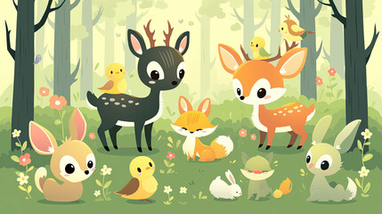 Fototapeta premium Illustrations of small animals in the forest, including deer, foxes, and rabbits
