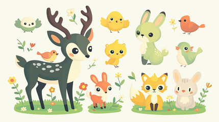 Naklejka premium Illustrations of small animals in the forest, including deer, foxes, and rabbits