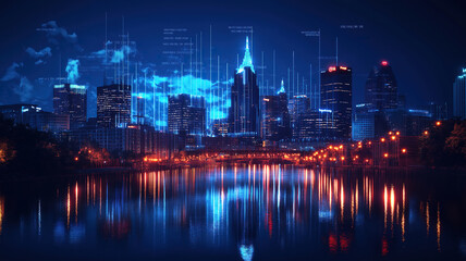 Fototapeta premium Illuminated skyline of Nashville's Broadway district paired with forex trading hologram concepts