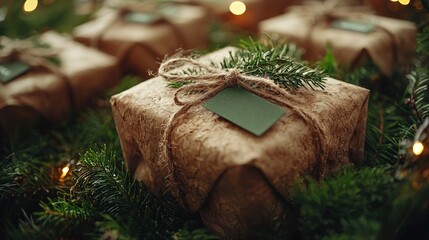 Eco-friendly gifts wrapped in natural brown paper and twine, decorated with small green tags, emphasizing sustainable and mindful gift-giving for Green Monday.