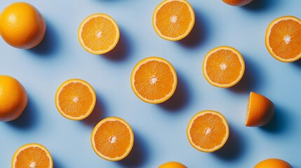 2410 15.A visually appealing pattern of whole oranges and sliced rounds arranged in a clean, geometric layout, showcasing the vibrant orange hues and the intricate details of the fruit texture from