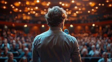 Obraz premium confident man standing on stage with his back to the audience, holding an ice blue microphone and speaking.image