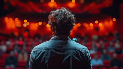 Obraz premium confident man standing on stage with his back to the audience, holding an ice blue microphone and speaking.