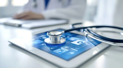 close-up image of a stethoscope resting on a clean white surface,