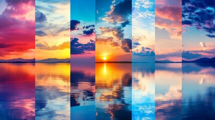 Collage of sunsets over different bodies of water generative ai