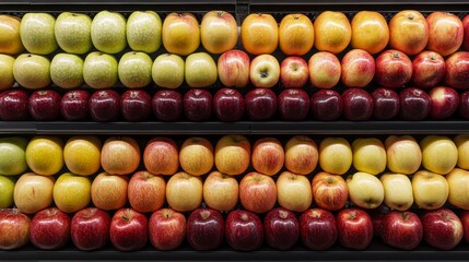 2410 57.A colorful assortment of Fuji, Golden, and Reineta apples arranged in rows within a supermarket display, highlighting the differences in texture and color of each variety, with a focus on