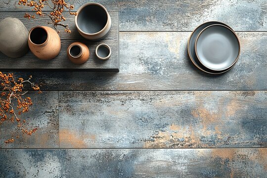 A rustic, blue and brown table setting with ceramic bowls and a plate. - Powered by Adobe