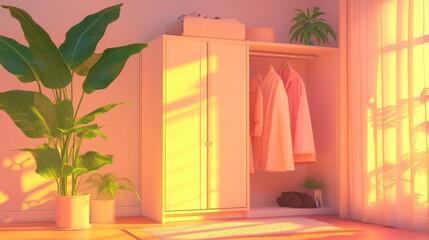 Soft Morning Light in a Cozy Room with Wardrobe