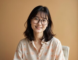 A friendly young woman with shoulder-length dark hair and glasses, wearing a patterned blouse with flower motifs, smiling gently while seated against a warm, beige background. The lighting is soft, e