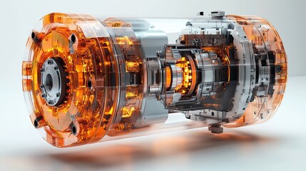 cross-section view of an industrial electric motor shows its internal parts and structure, isolated on white background in 3D.