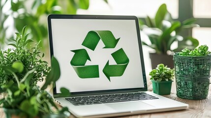 A professional desk setup featuring sustainable practices with a laptop displaying a recycling symbol, surrounded by greenery.