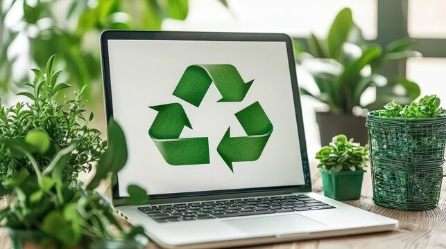 A professional desk setup featuring sustainable practices with a laptop displaying a recycling symbol, surrounded by greenery.