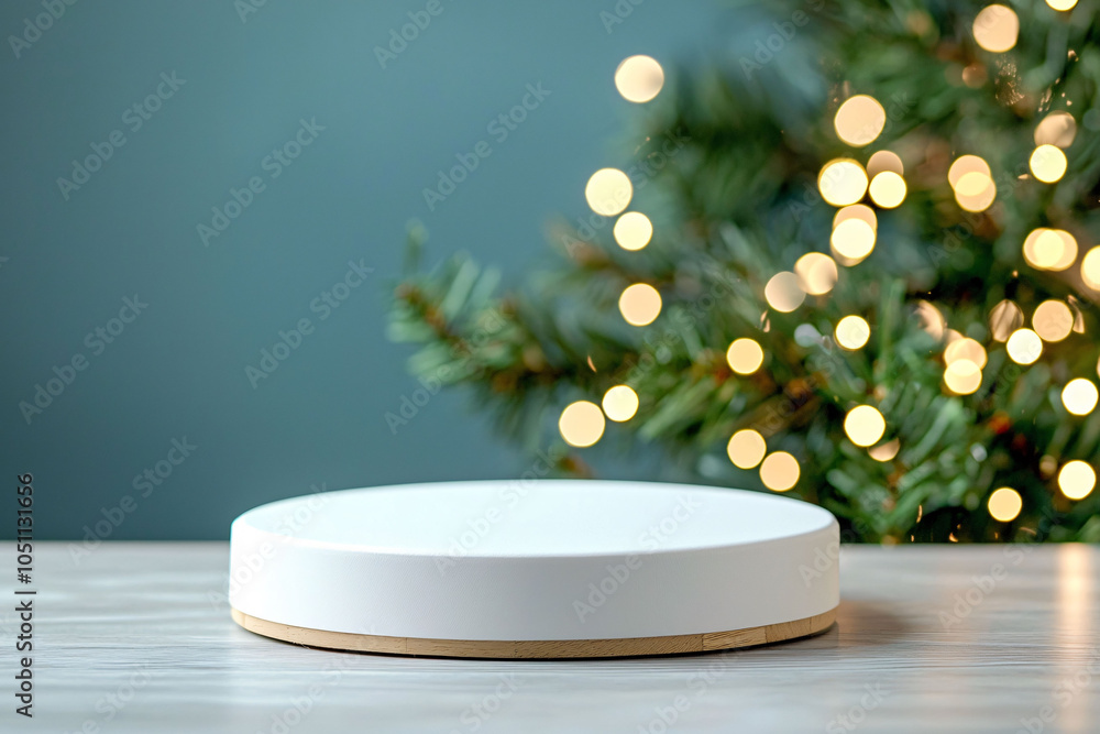 Poster minimalist podium with soft bokeh lights in background