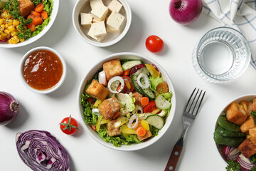 Fried tofu salad with vegetables and sauce top view