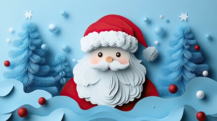 cute paper craft Sant Claus on blue background, designed in paper-cut style for Christmas and New Year holiday designs, perfect for banners, greeting cards, or invitations with space for text.