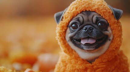 cute pug dog dressed in carnival pumpkin costume on an orange background, celebrating Halloween with creative concept perfect for greeting cards, banners, or posters.