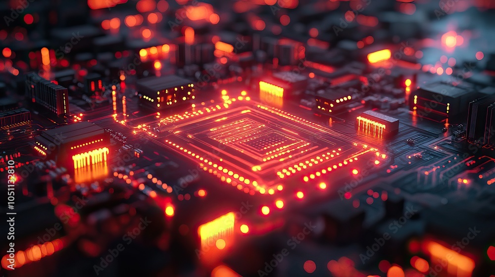 Poster cyberpunk AI circuit board background showcases futuristic digital chip technology in rendering.