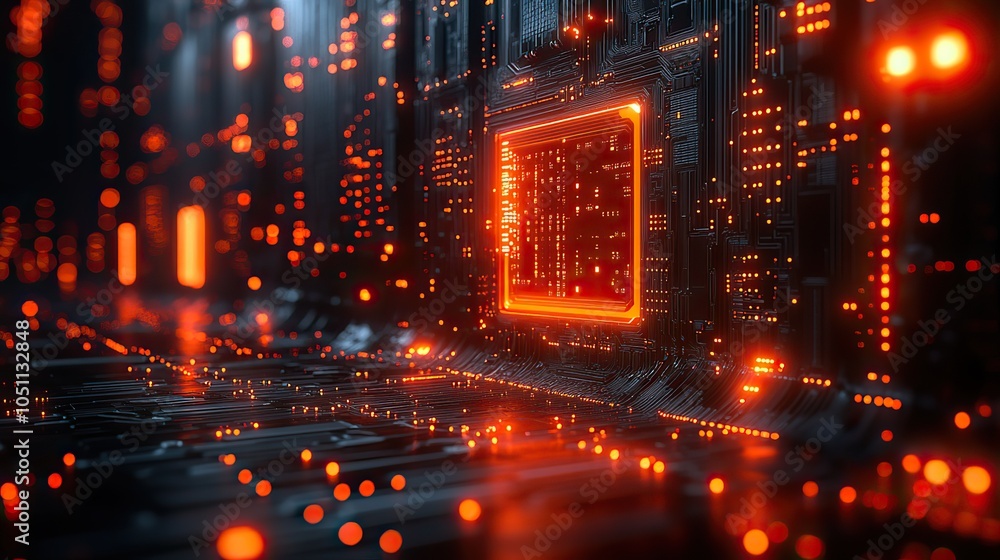 Poster cyberpunk AI circuit board background showcases futuristic digital chip technology in rendering.image
