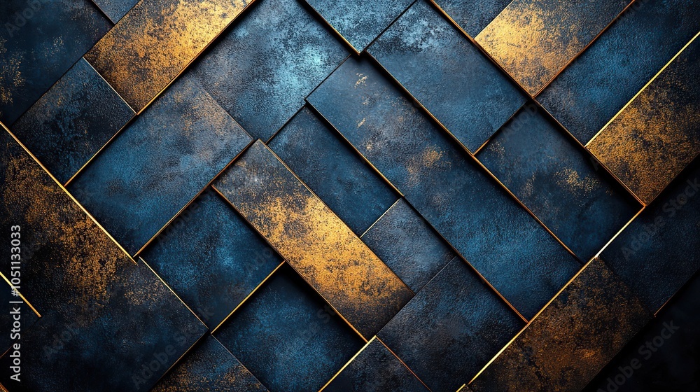 Poster dark background featuring golden lines in geometric pattern, with dark blue and black color palette.