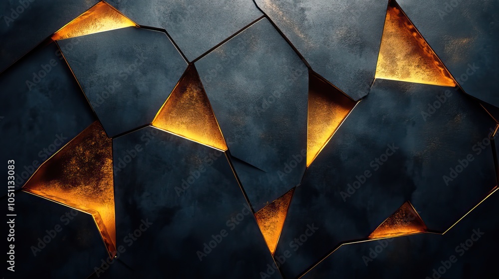 Poster dark background featuring golden lines in geometric pattern, with dark blue and black color palette.