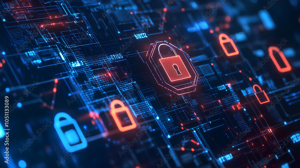 Poster futuristic interface with advanced network security protocols and digital protection