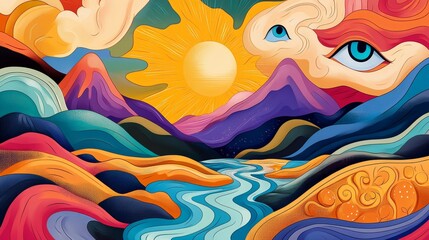 Abstract illustration of a colorful landscape featuring mountains, a river, and a bright sun with an eye-like shape in the clouds, creating a surreal and imaginative scene.