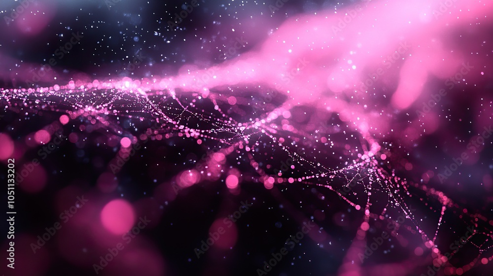 Poster dark background with pink spiderwebs and shadowy highlights, creating spooky vibe.image