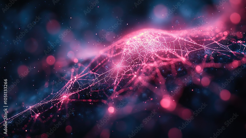 Poster dark background with pink spiderwebs and shadowy highlights, creating spooky vibe.