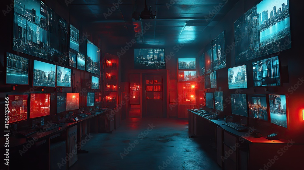 Poster dark room with multiple security monitors displaying live footage, highlighting the importance of su