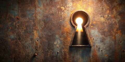 A rusted metal surface with a keyhole revealing a bright light, symbolizing a journey through darkness into a new dawn.