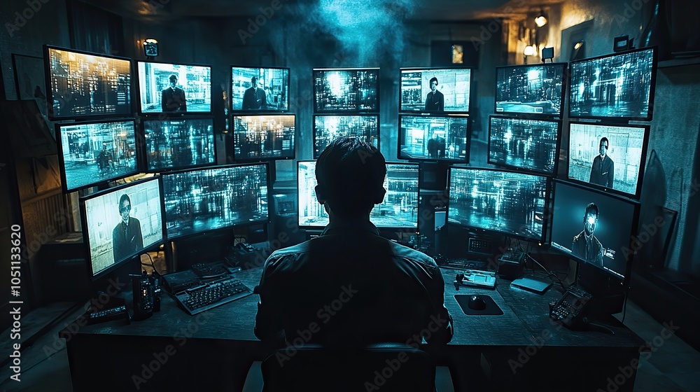 Poster dark security control room with multiple monitors displaying live footage, emphasizing the sophistication of surveillance.stock photo