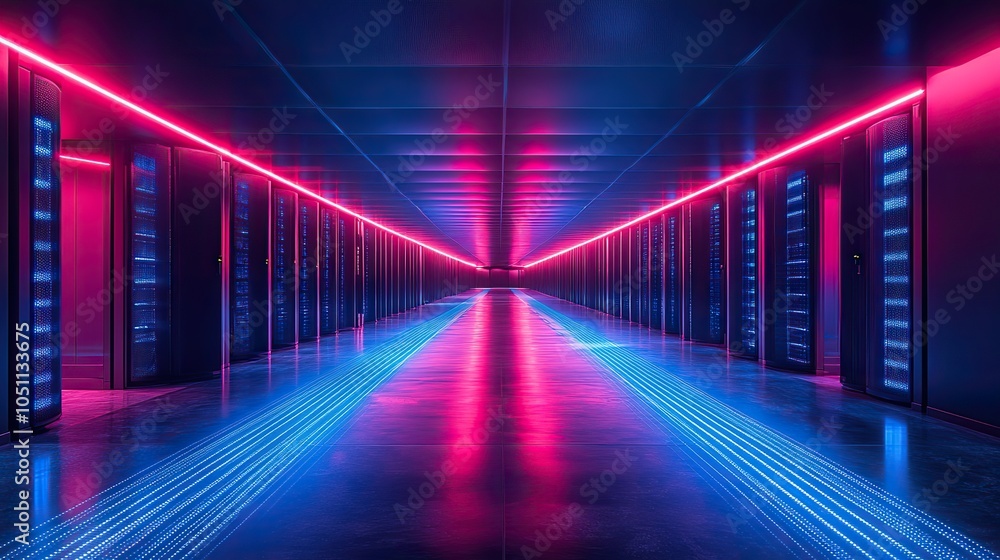 Poster dat center filled with black and blue server racks, with digital lines illuminating the floor in abstract patterns.illustration