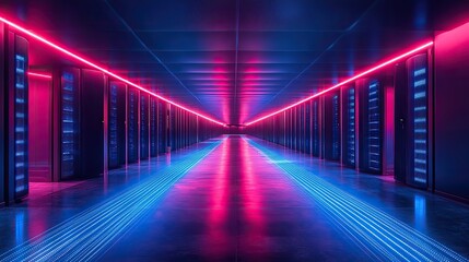 Fototapeta premium dat center filled with black and blue server racks, with digital lines illuminating the floor in abstract patterns.illustration